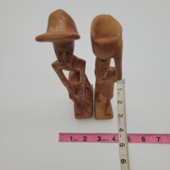 2 African Tribal Art Hand Carved Wood Figures Woman Pot on Head Man w/ Drum 12" - Picture 9 of 10